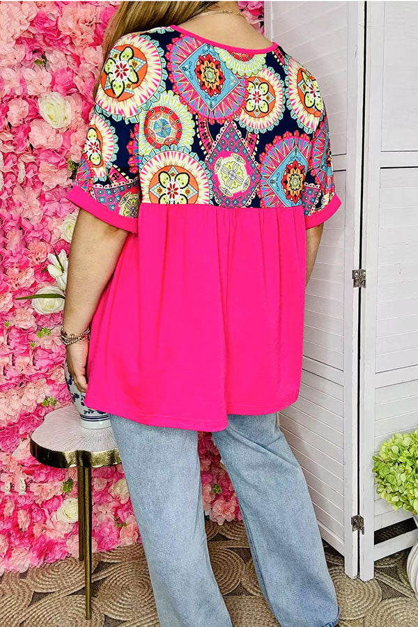 Western women's t-shirt wholesale floral & paisley printed oversized top XCH15617 ES9