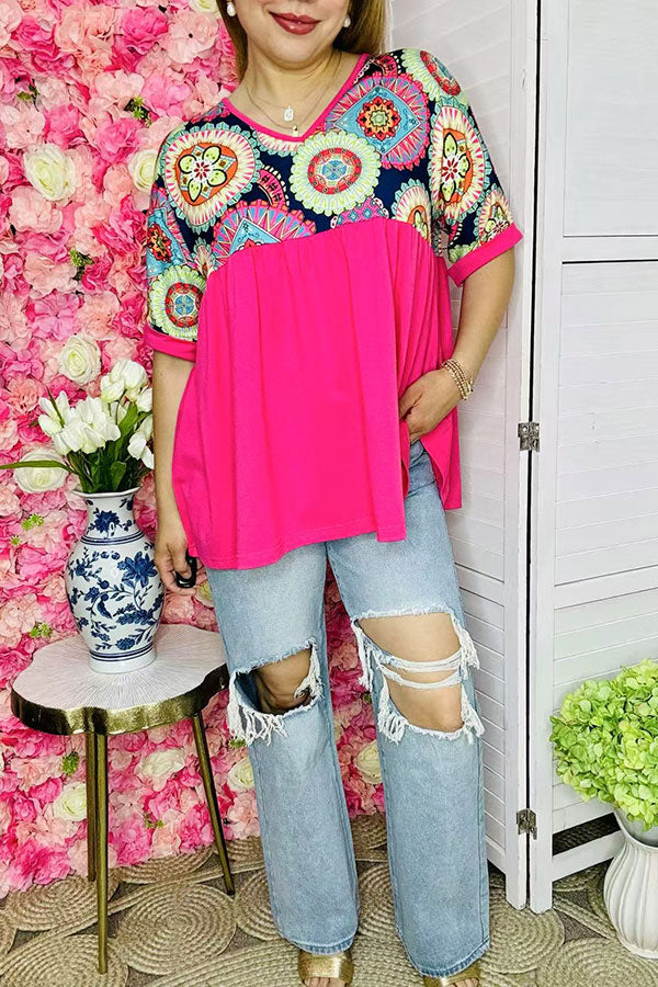 Western women's t-shirt wholesale floral & paisley printed oversized top XCH15617 ES9