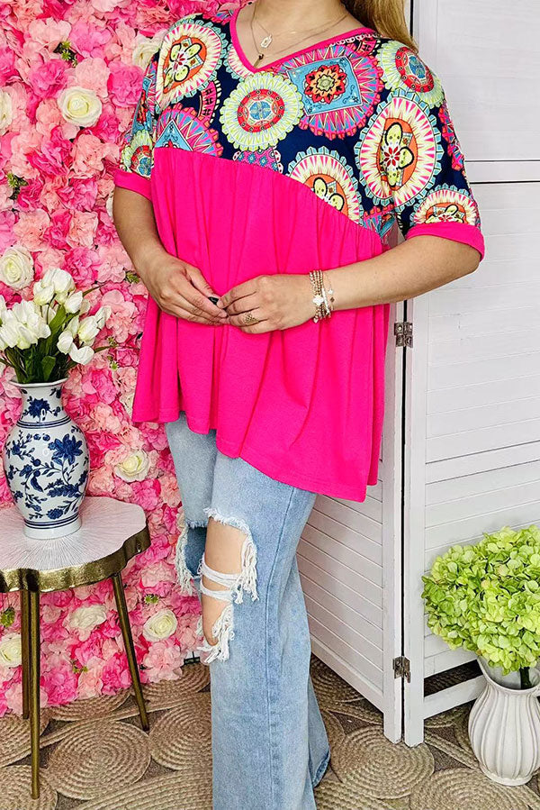 Western women's t-shirt wholesale floral & paisley printed oversized top XCH15617 ES9