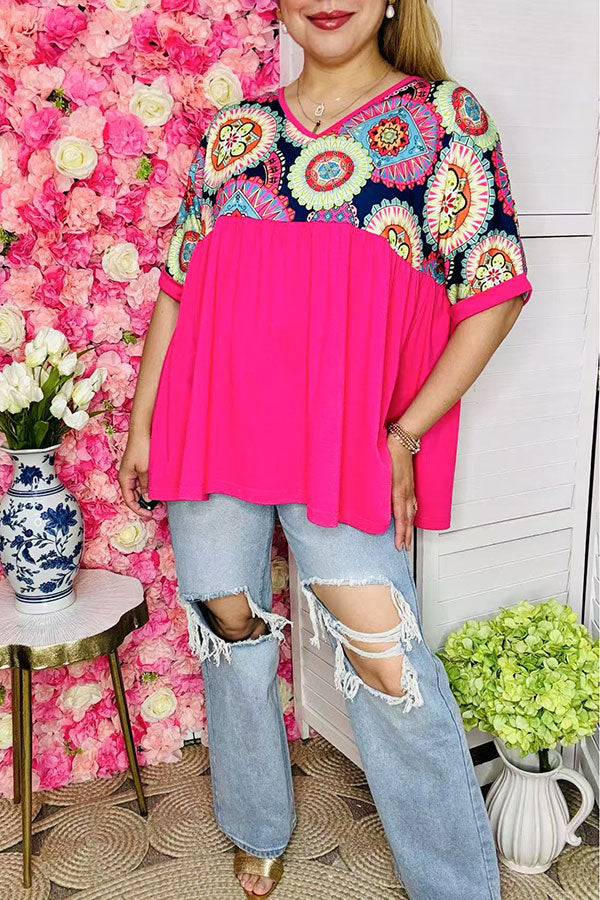 Western women's t-shirt wholesale floral & paisley printed oversized top XCH15617 ES9