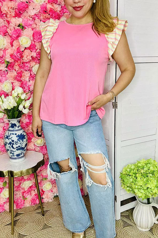 Ladies clothing wholesale online pink & stripe ruffle women's top XCH15929 ES5