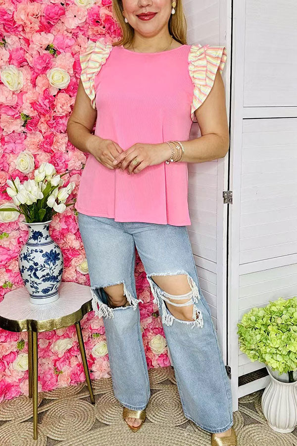 Ladies clothing wholesale online pink & stripe ruffle women's top XCH15929 ES5