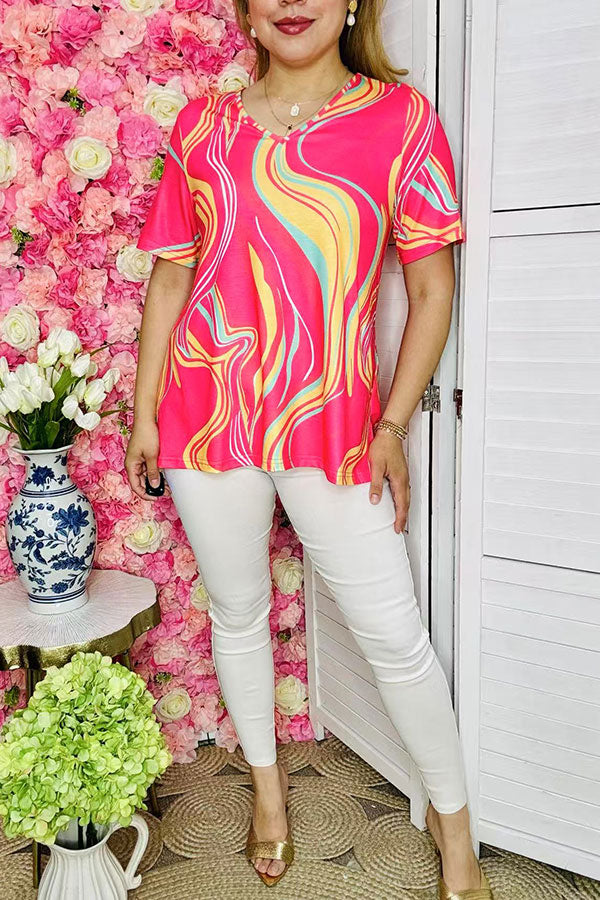 Spring women's t-shirt wholesale fuchsia & yellow & mint prints short sleeves top XCH15982 (BS6)