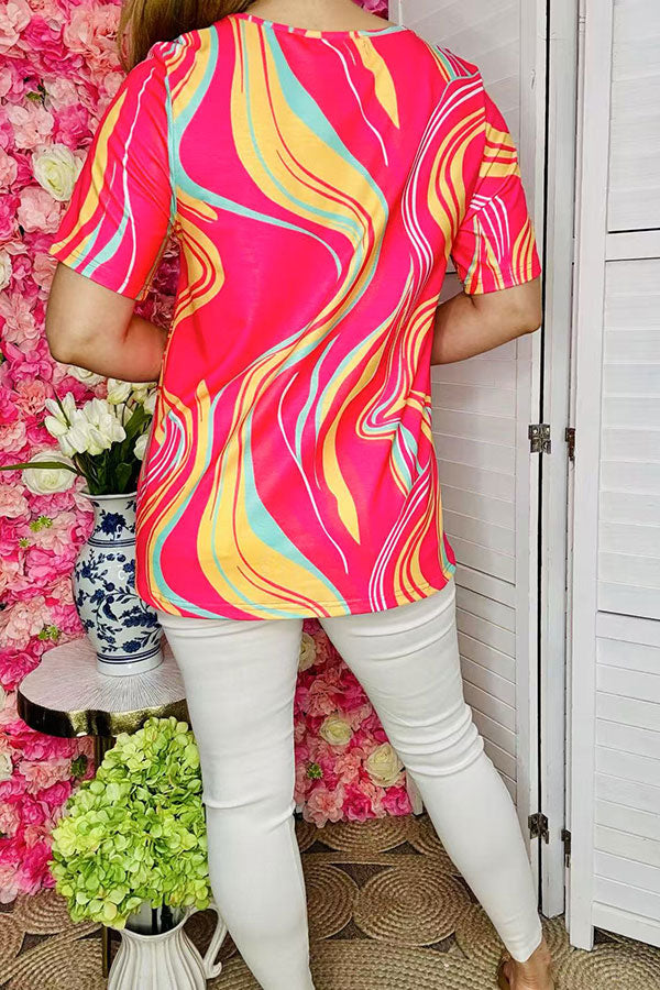 Spring women's t-shirt wholesale fuchsia & yellow & mint prints short sleeves top XCH15982 (BS6)