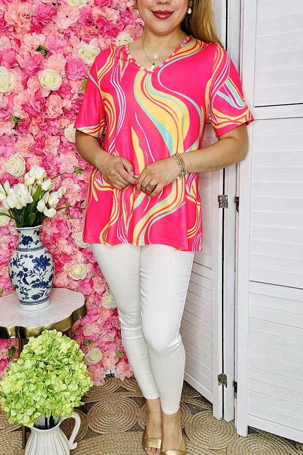 Spring women's t-shirt wholesale fuchsia & yellow & mint prints short sleeves top XCH15982 (BS6)